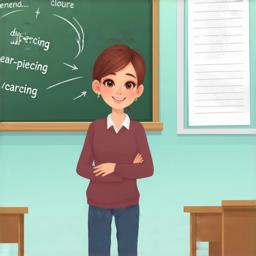 穿耳洞的英文小知識圖示，展示與外籍老師一對一學習的場景，提升英文表達自信，適合想要了解穿耳洞相關詞彙的學習者。