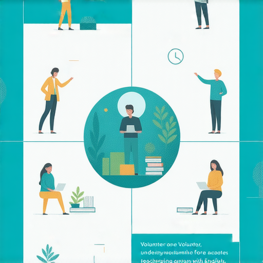 志願者活動海報，呼籲加入義工行列，成為社會改變的力量，並提供外籍英文老師的一對一教學機會，鼓勵大眾參與社區服務與學習。