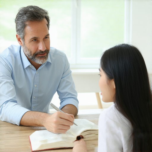 外籍老師一對一英文教學，學生專注學習，教師在指導，桌上擺放著書本和筆記，體驗互動教學，突破語言障礙，開啟學習新視野。