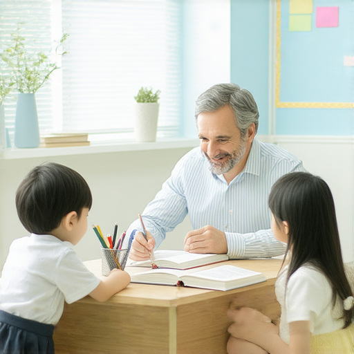 外籍英文老師一對一教學場景，學生與老師互動學習，專注提升英文能力，展示語言學習的交流氛圍，強調快速進步的效果。