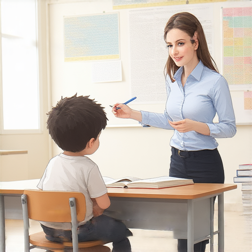 一位外籍英文老師與學生進行一對一教學，展現互動學習的熱情，教室環境整潔，學生專注於提升英語能力，發現發展秘密，立即進步，激發學習動力。