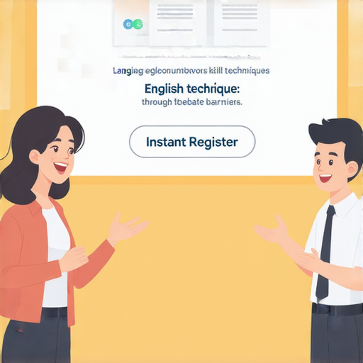 學習狡辯技巧提升英語能力的宣傳圖片，展示外籍老師與學生一對一教學，強調打破語言障礙和即時報名的資訊，營造積極學習氛圍。