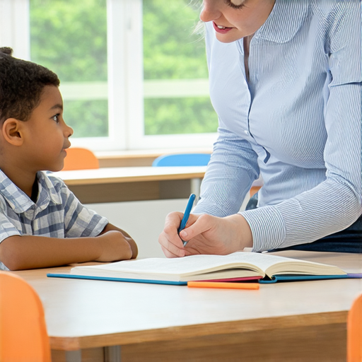 外籍老師與學生一對一互動學習英語，學生專注聆聽，教室環境明亮，展示出解鎖英語能力的機會，立即體驗不同的學習方式，提升語言技巧。