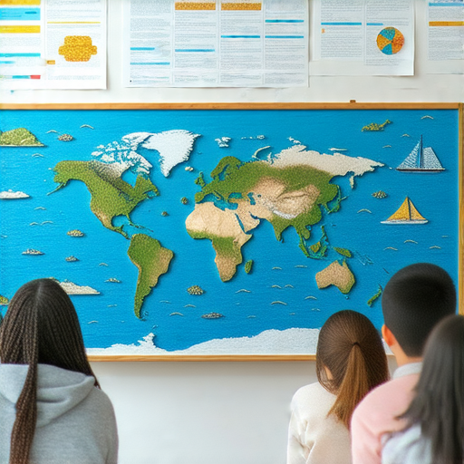 外籍英文老師與學生在教室中探索洋流，地圖和海洋圖示展示流動特徵，鼓勵報名學習，揭開洋流之謎。