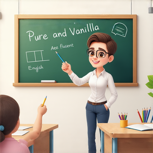 提升英語能力的外籍老師一對一教學，讓學習者如香草般純淨流利，背景呈現教學互動場景，強調個性化學習體驗與英語溝通能力的提升。