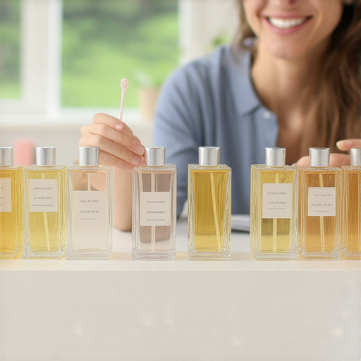 外籍英文老師帶領學員探索香氣的奧秘，課堂上香氛瓶子排列整齊，學員面帶微笑專注品味香氣，學習用英語表達感受，提升香氛欣賞技巧。