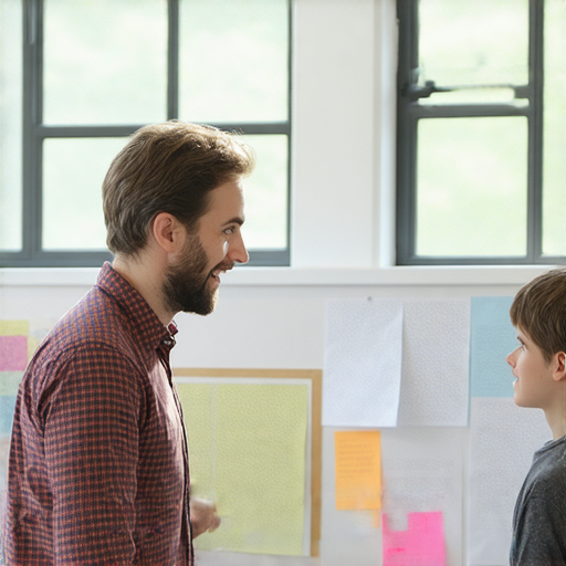 一位外籍老師與學生在進行一對一的英語教學，學生專注聆聽，老師輕鬆自然交流，表現出流利的英文教學氛圍，幫助學生提高口語能力，實現如母語般流利的英文。