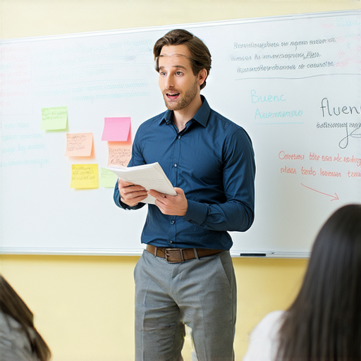 流利英文教學場景，外籍教師一對一與學生進行互動，展現專業的學習氛圍，鼓勵學生開啟流利英文學習之旅，提升英語能力。