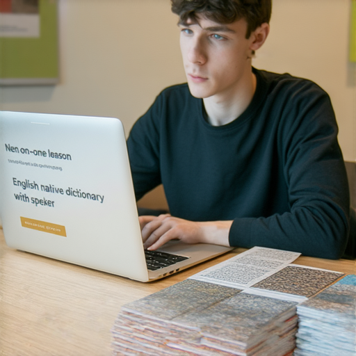 一名學生在電腦前學習英語，屏幕上顯示在線字典與母語者的1對1課程，展現提高英語潛力的學習過程，吸引學習者探索更多資源。