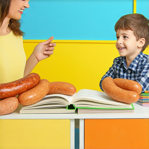 跟著香腸學英文的外籍老師一對一教學，學生在課堂上專注學習，課冊和香腸道具並排擺放，營造輕鬆有趣的學習氛圍。