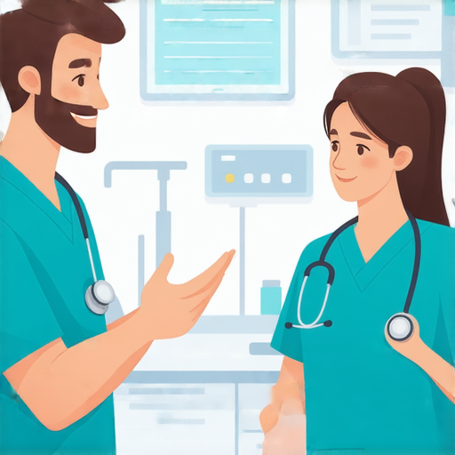 病房英語教學場景，外籍老師與學員進行一對一溝通，提升醫療溝通技能，背景顯示醫療器械，傳遞專業學習氛圍，為醫療人員打造流暢交流。