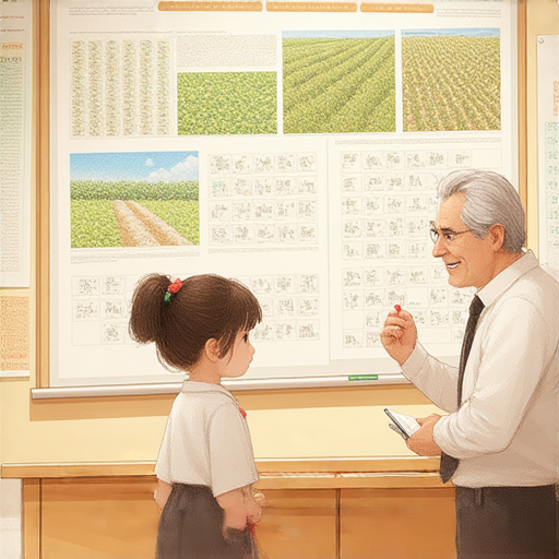 想了解農夫的英語世界的圖片，展示一位外籍老師與學生進行一對一英語教學的場景，教學主題聚焦在農業相關詞彙和對話，充滿互動與學習氛圍。