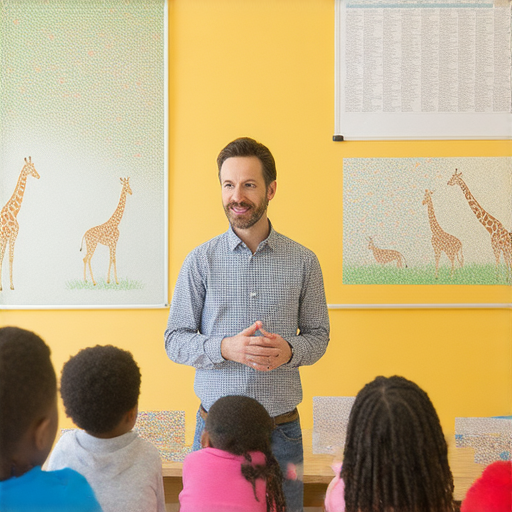 外籍英文老師正與學生一起探索長頸鹿的奧秘，教室內充滿學習氣氛，畫面中展示了長頸鹿的圖片和相關教材，讓學生深入了解這個獨特動物。