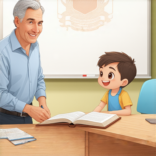 一位外籍英文老師正在與學生進行一對一教學，背景是稽查局的標誌，教學內容著重於突破語言障礙，展現互動學習的情境。