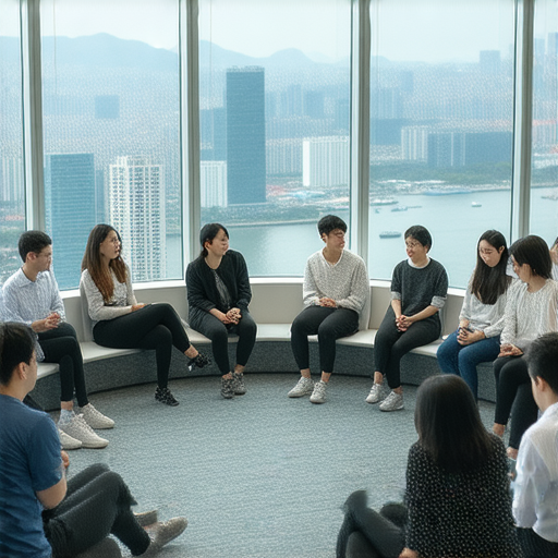 香港會議展覽中心內部場景，外籍英文老師與學員互動，進行商務溝通技巧的培訓課程，採用團體討論和實際演練的方式，提高學員的專業英語能力。