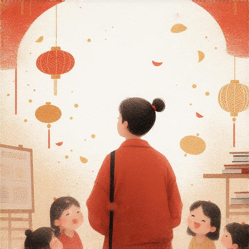 探索盂蘭節的文化魅力活動中，外籍老師與學生互動，增進英文能力，場景中包含節慶裝飾與學習工具，呈現文化交流的美好瞬間。