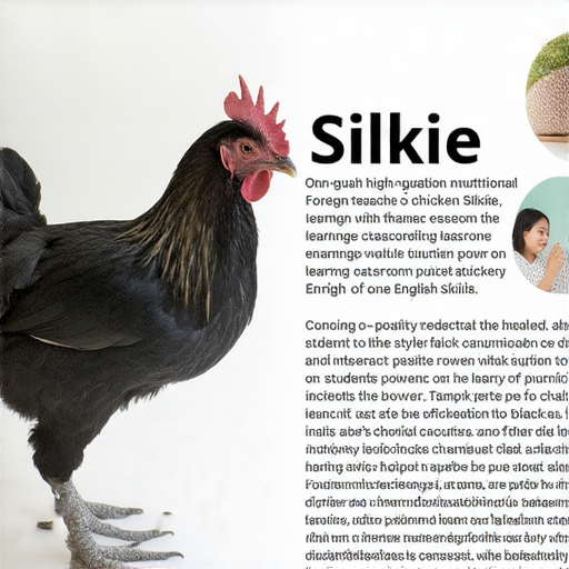 烏骨雞展示其營養價值，旁邊有外籍老師與學生互動，強調透過一對一學習提升英文能力，展現烏骨雞的神秘力量與學習效果。