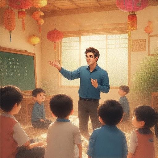 揭開盂蘭節的秘密，一位外籍英文老師與學生交流，深度了解盂蘭節的文化魅力，教室內氣氛熱烈，背景有相關節慶裝飾。