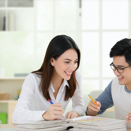 外籍英文老師一對一教學情境，教師與學生互動學習，課堂環境輕鬆愉快，展示有趣的學習方式，立即體驗提升英文能力的機會。