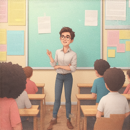 外籍英文老師在課堂上教授如何克服牛頸脊的溝通障礙，學生們專注學習，展現輕鬆溝通的氛圍，強調語言學習的重要性與互動。