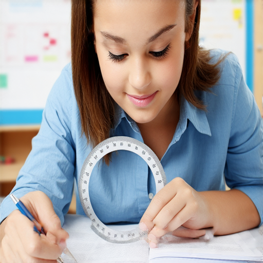 量角器與外籍老師一對一的英文教學場景，學生專注學習數學與英語，展示量角器的使用，讓學生體驗更深入的知識融合，提升學習興趣與效率。