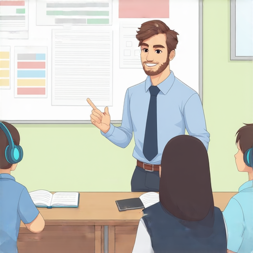 一位專業外籍老師正在與學生進行一對一英語聽力教學，背景中顯示著課堂環境，表現出專注學習與提升聽力的氛圍。