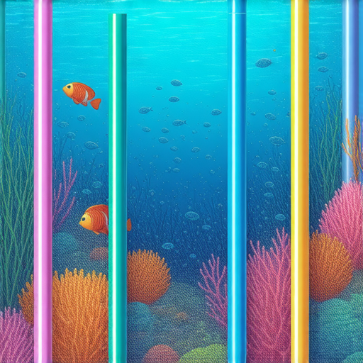 一組環保吸管與海洋生物的插圖，強調用環保吸管拯救海洋的重要性，背景呈現藍色海洋及珊瑚，鼓勵人們學習英文，共同推動環保行動。