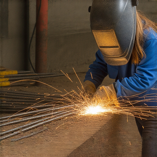一對一外籍英文老師帶學生探索焊条的特性和用途，背景包含焊接工具及材料，展示焊接過程的細節，揭開焊条的神秘面紗，激發學習興趣。