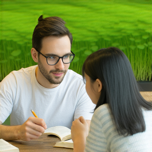 發現積雪草的神奇功效，圖片展示一位外籍老師與學生一對一學習英語，背景中顯示積雪草植物，強調其健康益處與英文學習的結合。