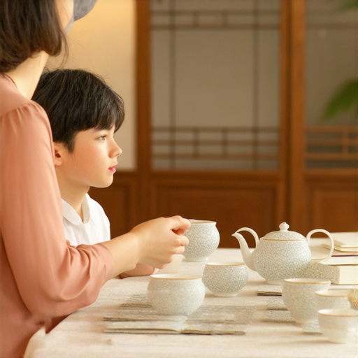 外籍老師與學生一對一學習焙茶英文，課堂上充滿互動，桌上擺放著茶具和學習資料，學生專注聆聽，展現焙茶英文的魅力，場景充滿文化氛圍。