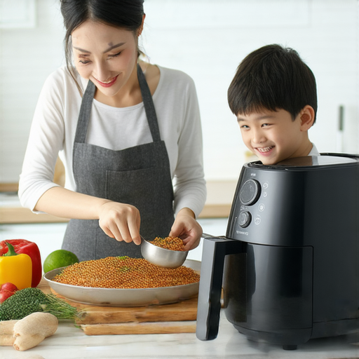 用空气炸锅烹饪美味食物的場景，展示外籍老師與學生一對一學習英語，增添烹飪的樂趣與學習的成效，享受美味與語言學習的雙重體驗。