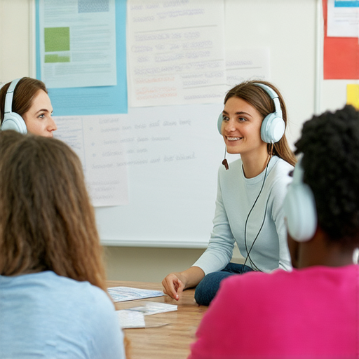 提升英文聽力的技巧圖片，展示外籍老師一對一教學場景，讓學習者專注聽力練習，適合希望提高聽力理解的學生。加入不同國籍老師的指導，讓你學習更有效。