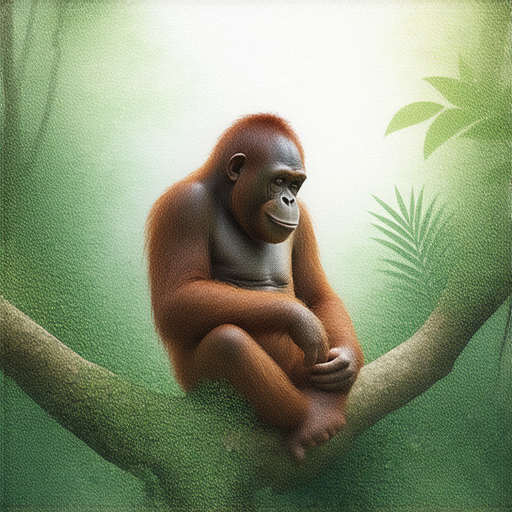 紅毛猩猩在樹上悠閒地坐著，周圍環境充滿熱帶植物，外籍老師正與學生一對一互動，探索英語學習的樂趣，啟發學生的好奇心，開啟學習之旅。