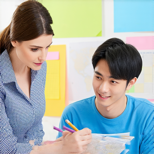 外籍英文老師一對一教學場景，學生專注學習，擴展英語能力，發現盈利秘籍，提升語言技能，創造職場優勢，互動交流提升學習效果，簡單有效的英語學習方式。