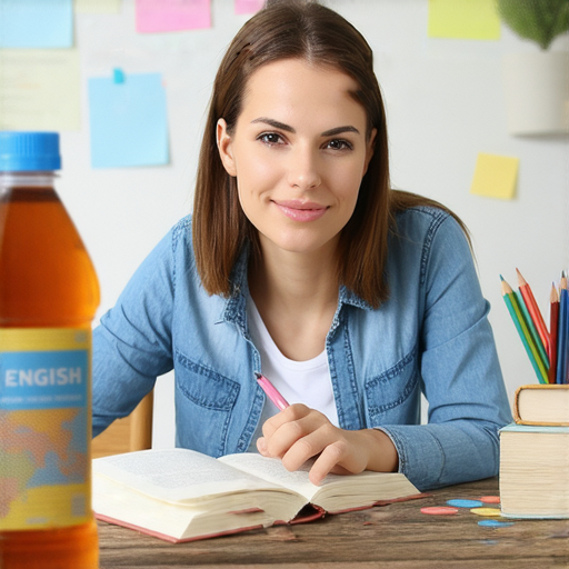 外籍老師與學生進行一對一英文教學，桌上有維他命瓶，背景顯示學習工具，強調提升英語能力，探索維他命的意義，歡迎加入我們的外籍教學課程。
