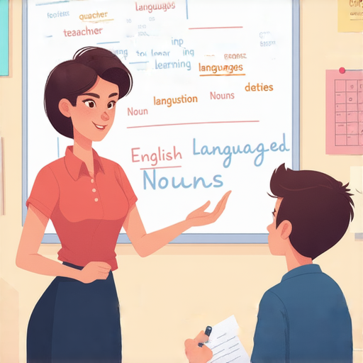 外籍老師一對一教學場景，學生專注學習英文名詞，教室環境充滿活力，掌握英語名詞的秘訣，開啟流利之旅，提升英語能力。