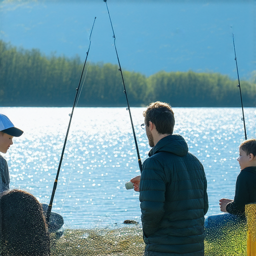 外籍老師教授釣魚英語技巧的場景，學生專注學習，水面波光粼粼，釣魚工具一應俱全，釣魚英文教學一對一的理想環境，立即啟航釣魚的旅程。