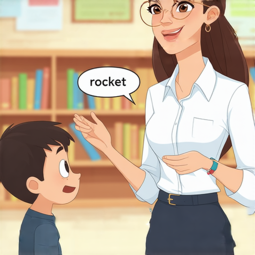 外籍老師一對一教學中，學生正在詢問火箭的英文怎麼說，教師專注解釋，教室環境舒適，促進學習熱情。