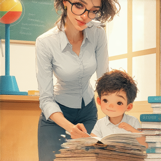 一位外籍老師正在和學生進行一對一的英文指導，背景有陀螺和書籍，展示探索語言的奧秘，提升學生的英文能力。