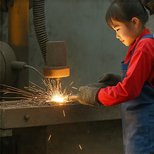 探索焊接的藝術課程中，學生與外籍老師一對一互動，提升英文技能，背景顯示焊接設備和教學環境，傳遞學習熱情與專業指導。