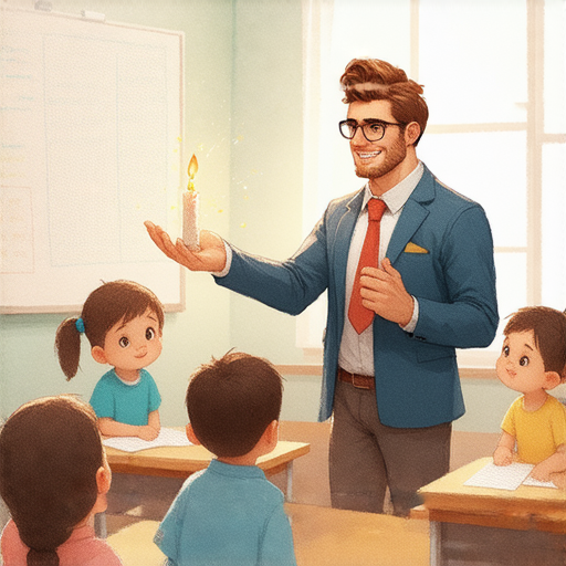 一位外籍老師在教室中指導學生用英文描述火燭的驚險情境，學生們聚精會神聆聽，探索他們的英語學習之旅，提升語言能力，參加一對一教學服務。