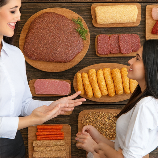 外籍老師與學生一對一互動學習肉類英文，增進餐桌國際風味，背景顯示各式肉類料理，激發學習興趣，展示多樣文化和美食。