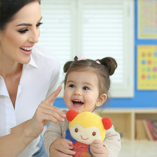 讓你的玩偶說流利英文的場景，顯示一對一外籍老師正與孩子互動，提升口語能力，激發學習興趣，讓學習變得有趣，體驗專業的教學服務。