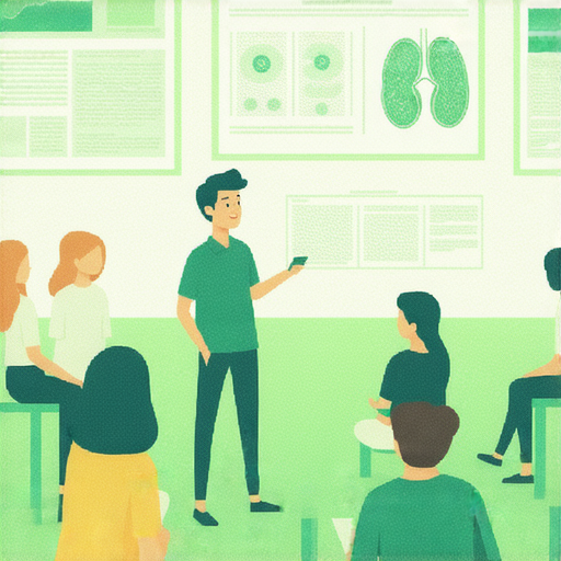 腎臟健康陷阱的圖片，展示了腎臟的健康知識和教學情境，提醒人們重視腎臟健康，學習英文解釋與外籍老師互動的課程，促進健康意識。