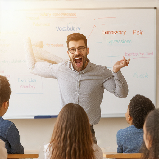 肌肉酸痛調整姿勢的外籍老師正在教授英文表達，學員專注聆聽，學習如何輕鬆溝通有關肌肉酸痛的專業詞彙和用法。
