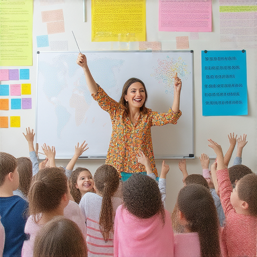 揮舞魔法棒的外籍英文老師和學生一起學習，展現流利英語之旅的歡樂互動，課堂充滿活力和創意，提升學習興趣，促進語言技巧的提升。