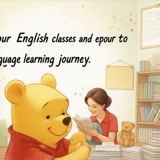 與維尼熊學習英文的快樂教學場景，外籍老師一對一指導孩子，互動學習氛圍，寓教於樂，歡迎加入我們的英文課程，展開語言學習之旅！