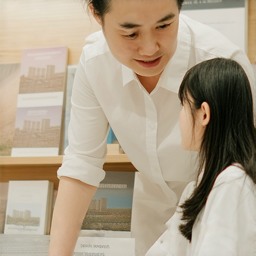 外籍老師指導學生提升英文技能的場景，顯示一對一教學互動，背景有相關物業管理教材，吸引報名體驗的宣傳。