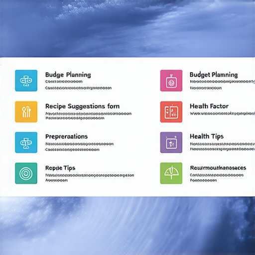 颱風來襲前的準備清單，包括預算編排、食譜建議和健康小撇步，圖示各項準備要素，提醒民眾做好颱風防範，以確保安全和安心。