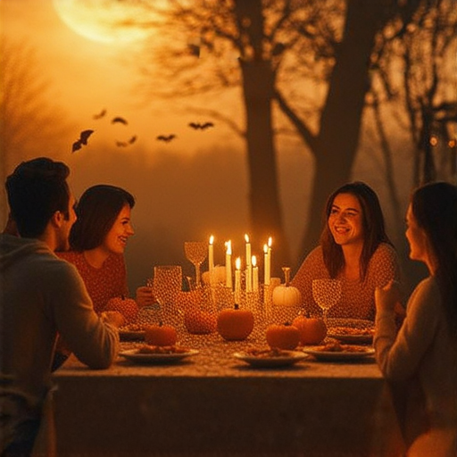 萬聖節前夕的夜晚，月光下的樹影搖曳，家庭聚會中的人們享受著快樂氛圍，展現發現興趣與生活舒緩秘訣的方法。